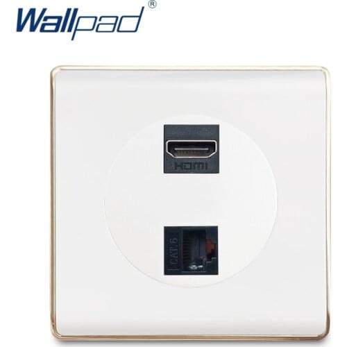 Wallpad HDMI DATA RJ45 CAT6 Wall Socket For Data Transmission Electric Outlet White PC Panel With Gold Edge For Home
