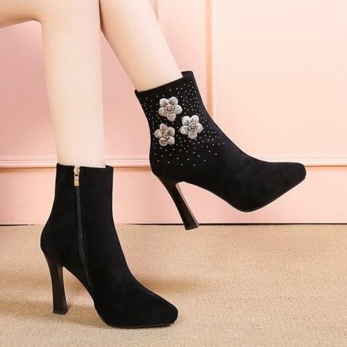 2021 new Women Ankle Boots Winter Fashion Suede Leather Boots High Heel Ladies Shoes Ankle Boots For Women Black Boots size 35