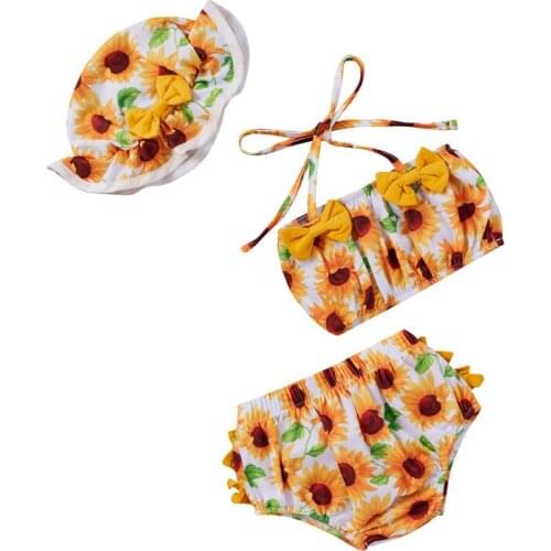 Toddler Baby Girls Swimwear Set Infant Sunflower Printed 3PCS Swimsuit Trim Bandage Swimsuit Bathing Suit