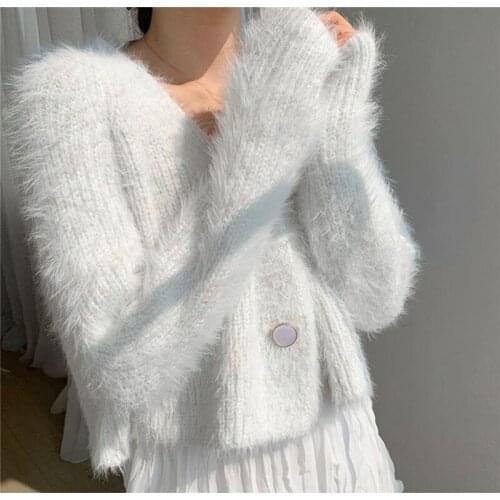 2021 Autumn Mink Fleece Jacket Knit Sweater Wool Outerwear Purple Sweater Cardigan White Women Harajuku Sweet Japanese Korean