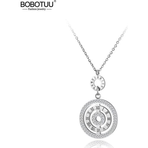 BOBOTUU Clay AAA Zircon Stainless Steel Pendant Necklace Rose Gold Roma Numbers Circles Chokers Necklaces For Women BN19045