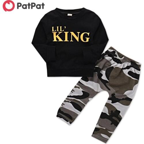 PatPat 2020 New Spring and Autumn 2-piece Cool LITTLE KING Top and Camouflage Pants Set for Toddler Boy Sets Clothes