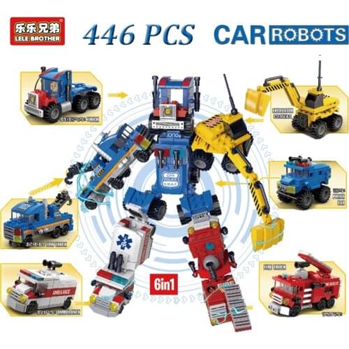 6 IN 1 446 PCS 6 IN 1 Deformation Robot Mini Blocks Ambulance Crane Truck City Police Excavator Fire Truck Mini Figures Boys Toy