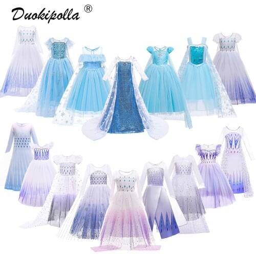 Snow Queen 2 Girls Elsa Anna Dress Birthday Party Fancy Fairy Snowflake Dresses with long Tail Child Carnival Princess Costume