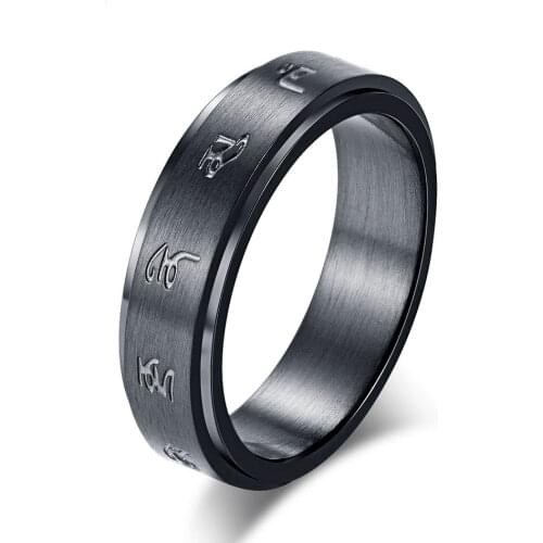Tibetan Buddhist Black God of Wealth Mantra Ring for Men Boy Stainless Steel Spinner Rings Religion Lucky Male Jewelry