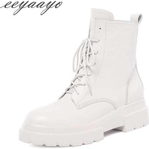 2019 New Winter Genuine Leather Women Ankle Boots Middle Flats Heel Lace-Up Casual Women Cow Leather Shoes Beige Martins Boots
