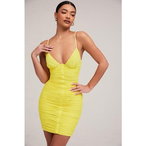 High Quality Summer Yellow Elegant Fashion Bodycon Bandage Dress Sexy V Neck Spaghetti Straps Draped Slim Night Club party Dress