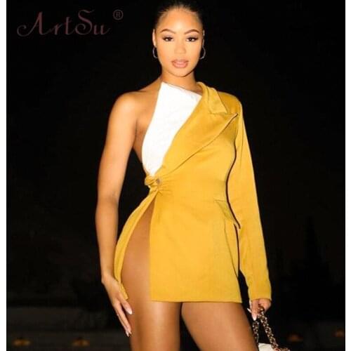 ArtSu Patchwork Color Block Yellow Blazer Dress Woman One Shoulder High Split Sexy Party Dresses 2021 Autumn Mini Dress Club