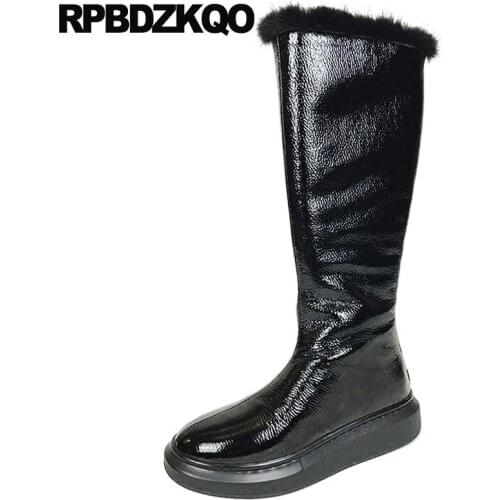 Wide Calf Sheepskin Snow Waterproof Winter Boots Women Chinese Fashion Real Fur Knee High Shoes Patent Leather Black Australian