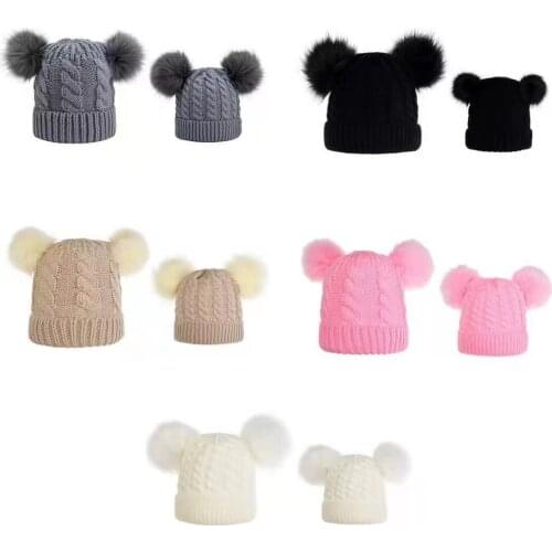 Family Mother And Girls Boys Winter Warm Knit Hat Furry Balls Pompom Warm Beanie Cap Pompom Ấm Bò Nắp