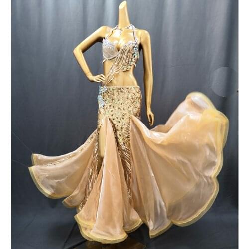 New Adult Stage Performance Oriental Belly Dance Costume Bra Skirt 2PCS Set Handmade Beaded Crystal Performance Show Suit outfit