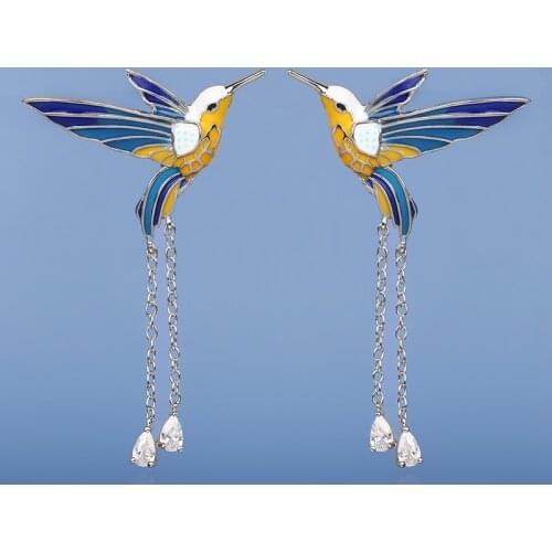 CHARLINLIOL Womens Cute Hummingbird Long Tassel Earrings Luxury 925 Silver CZ Drop Earrings Dangle Enamel Boho Jewelry
