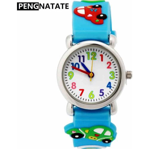 PENGNATATE Children Watches for Boys Girls Gift Fashion 3D Cute Car Strap Kids Blue Watch Silicone Bracelet Cartoon Wristwatches
