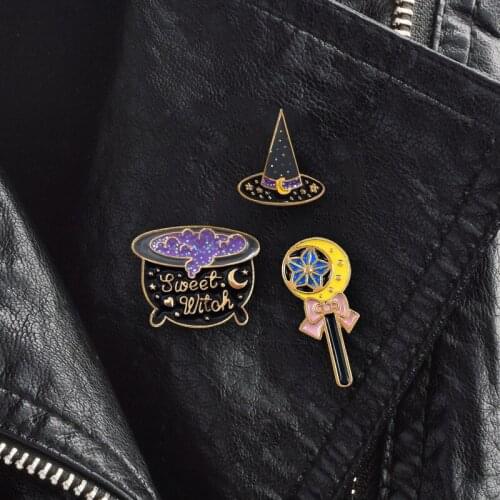 HOSENG 3Pcs/Lot Halloween Magic Hat Potion Wand Alloy Cartoon Brooch Black Color Party Women Man Enamel Pin Jewelry HS_99