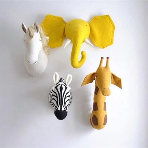 INS Cute Giraffe Elephant Zebra Wall Mount Animals Head Kids Room Home Decor Stuffed Cloth Dolls Artwork Wall Toys Photo Props