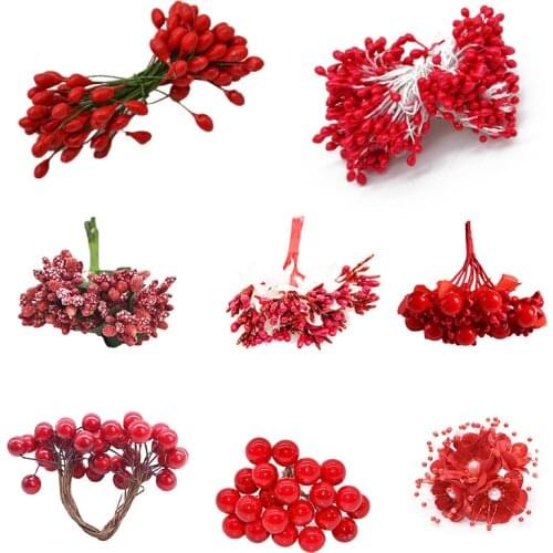 Red Bright Mix Artificial Fruit Cherry Berries Stamen 5/6/10/12/20/30/40/50/250pcs Fake Flowers for Wedding Festival Decor