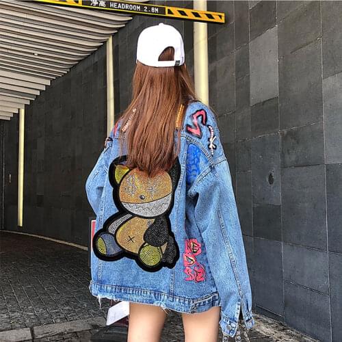 Womens Funny Bear Pattern Diamonds Denim Coats and Jackets,BF Style Loose Havey Decor Oversize Jean Jacket Street Style Clothes