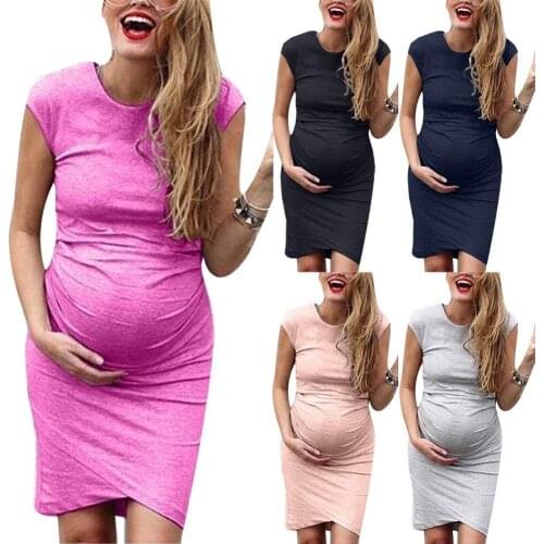 50%HOT Maternity Women Plus Size Solid Color Round Neck Cross Hem Pregnancy Mini Dress