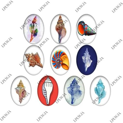 LPLWJA Sea Shell Snail/Trumpet Beach Oval Shape Glass Cabochon 10pcs Mixed Photo Flatback Beads Demo Flat Back Making Findings