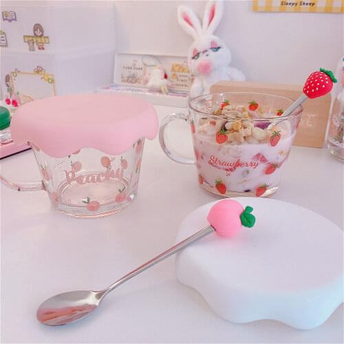 Cute Strawberry Peach Holding Cup Glass Bowl Breakfast Cereal Student Girl Milk Coffee Oatmeal Heat Resistant Kawaii Mug