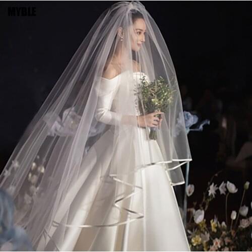 Fashion White Ivory Two-Layer Bridal Veil 3 Meter Cathedral Veil Ribbon Edge Wedding Veil for Bride Wedding Accessories