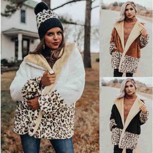 Fashionable women warm autumn winter coat lapel plush contrast stitching leopard print jacket