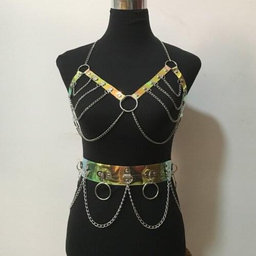 New Female Rainbow PVC Metal Chain wide waist belt chain Tassel harness belt New Night Club decoration for Women