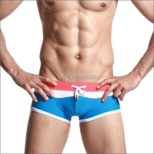 Newest sexy men swimwear mens white/blue/red patchwork swimsuit wide stripes swim trunks male striped swim shorts