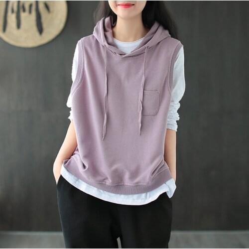 2020 New Early Autumn Cotton Hooded Vest WomenS 2020 New Retro Art Solid Color Loose Hedging Casual Sleeveless Top
