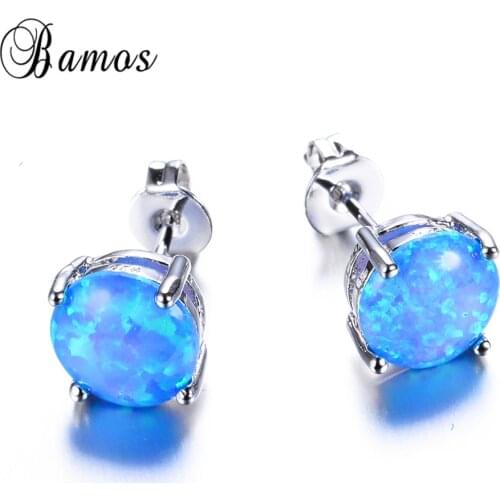 Fashion Purple Pink Blue Fire Opal Stud Earrings For Women Bridal Silver Color Wedding Party Small Earring Brinco Ear0545