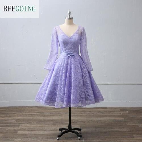 Lilac Lace V-Neck Long Sleeves Bridal gown Knee-Length A-line Wedding Dress Custom made