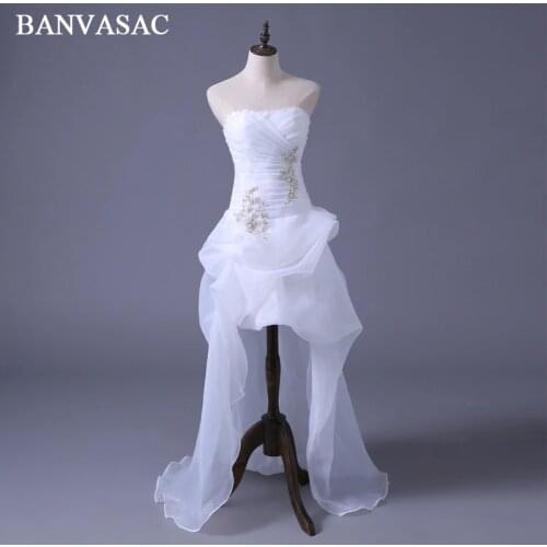 BANVASAC 2018 Pleat Strapless Lace Appliques High Low Wedding Dresses Real Photos Beading Sweep Train Backless Bridal Gowns