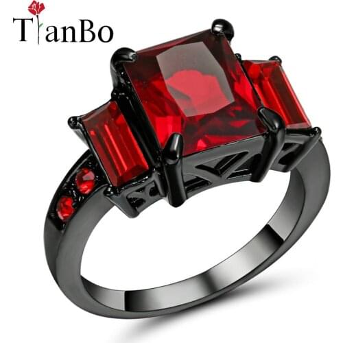 TianBo Blue / Red Crystal Geometric Ring Silver / Black / Gold Colour Jewelry Vintage Wedding Rings For Men/Women Gift Size 8