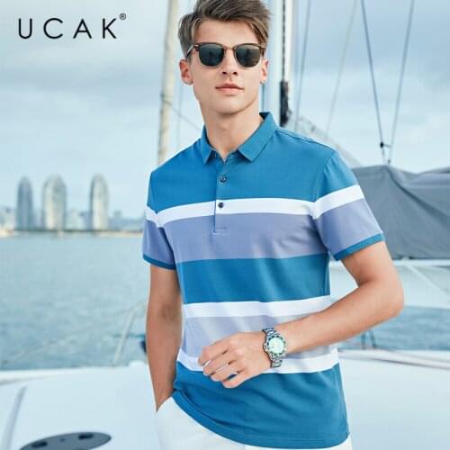 UCAK Brand Classic Turn-down Collar Striped T-Shirt Men Clothes Summer New Fashion Style Streetwear Casual Cotton Tee Tops U5591