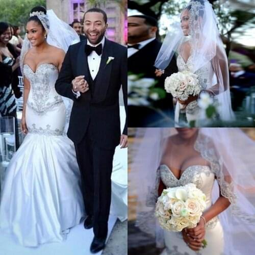 Embroidered White Satin Wedding Dresses Plus Size Birdal Dress Plus Size For Women Stapless Open Back African Wedding Gowns Form