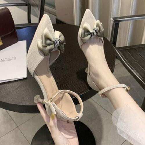 One word buckle shoes female 2021 new fashion single shoes Korean version of wild high heels bow fairy