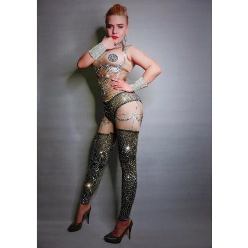 Women Sexy Nude Rhinestones Jumpsuit Sleeveless Dance Bodysuit Female Costume Nightclub Womens Prom Party Stage Show Jumpsuit