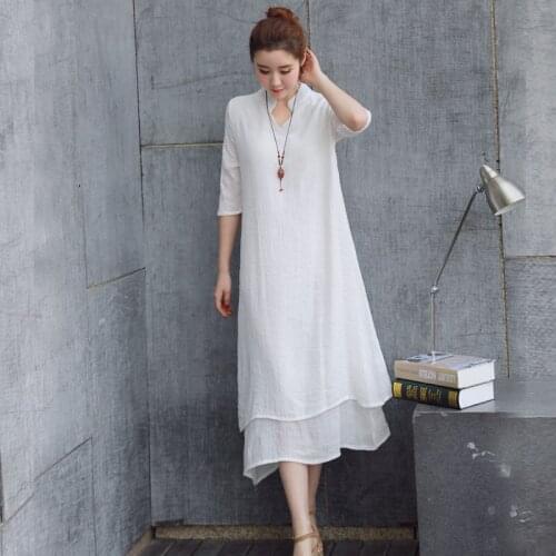 New Style National Wind Solid False Two Pieces Summer Women Dress Casual Linen Loose Half Sleeves Stand Collar Dress QH0023