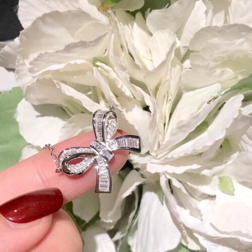 Womens Fashion Cubic Zirconia Bow Pendant S925 Sterling Silver Necklace Original Brand High Quality Jewelry Logo Exquisite Gift
