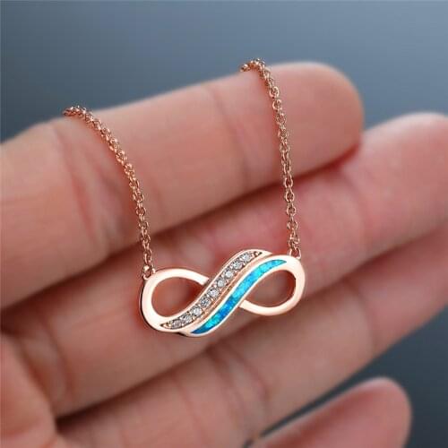 Blue Fire Opal Infinity Pendant White Zircon Necklaces For Women White Gold/Rose Gold Birthstone Necklace Female Lock Chain Gift