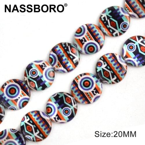 20mm Flat Round Shape Shell Beads Two Sides Geometric Pattern Printed Spacer Beads for Jewelry Making DIY Necklace Bead Material