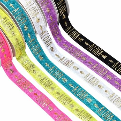 5/8" gold foil Aloha arrows printed FOE fold over elastic 100yards