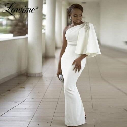 Ivory One Shoulder African Party Dresses 2020 Beaded Crystals Abiye Dubai Design Satin Formal Evening Gowns Robe De Soiree