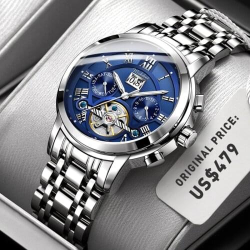 WISHDOIT Business Watches Mens Automatic Mechanical Tourbillon Watch Luxury Fashion Stainless Steel Sports Mens Clock