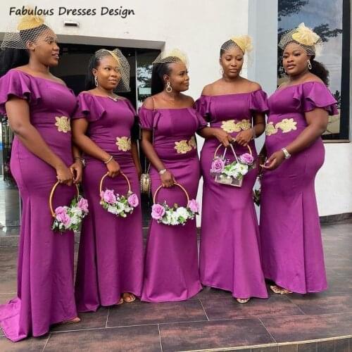 Elegant Long Mermaid Bridesmaid Dresses Purple Off Shoulder Ruffles African Nigerian Women Wedding Guest Dress Formal Party