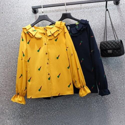 Yellow Carrots Printed Long Sleeved Plus Size Korean Autumn Elegant Fashion Blouses And Tops WomenS Oversize Shirts Clothing