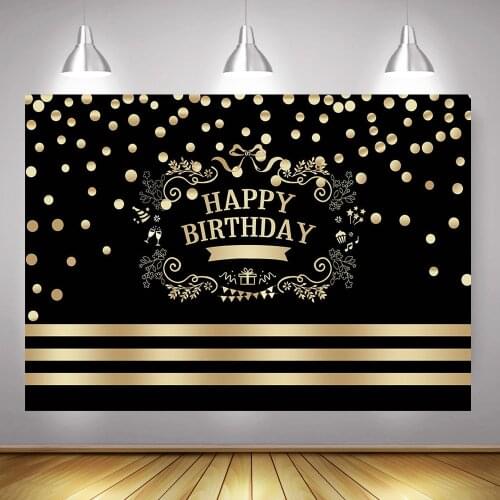 Happy Birthday Photography Backdrop for Adult Children Golden and Black Birthday Party Decoration Background Props Gold Dots