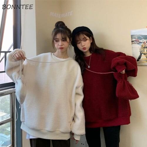 Sweatshirts Women College Hoodies Harajuku Clothing Leisure Pullovers Korean Style Lovely Pure Thicker Ins O-neck Fall All-match