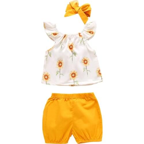 Kids Baby Girls 3-piece Outfit Set Fly Sleeve Sunflower Print Tops+Shorts+Headband Set 6M-5T