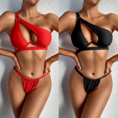 2021 Sexy Push Up Bikini Set Solid Color Hollow Split Womens Swimsuit Thong Biquini Padded Bathing Suit Summer Swim Beachwear
